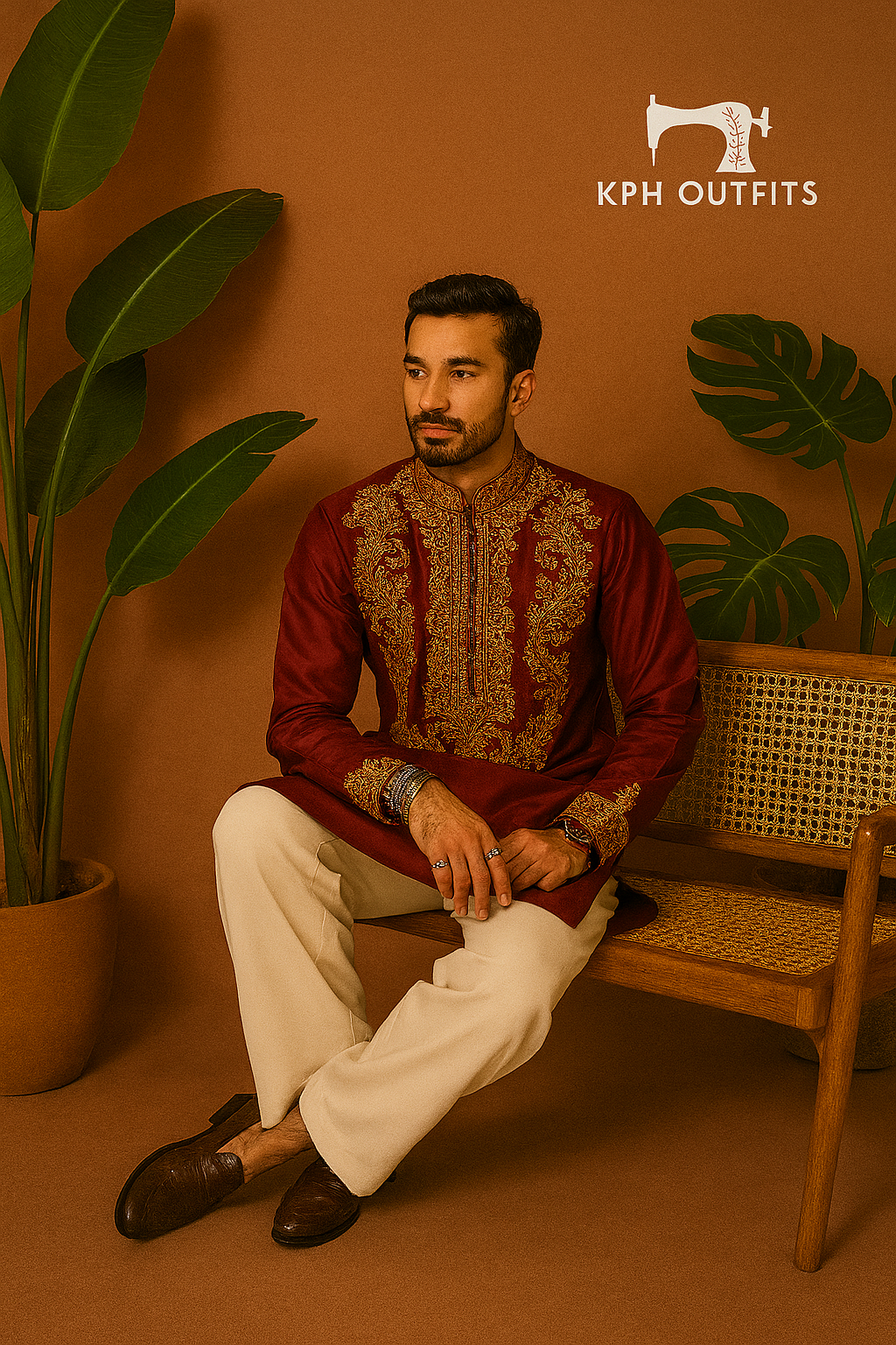 A photograph of a man in a stylish kurta set, highlighting the quality of the fabric and the unique design.

