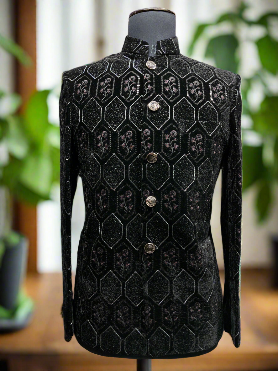 Full view of a tailored Jodhpuri suit set