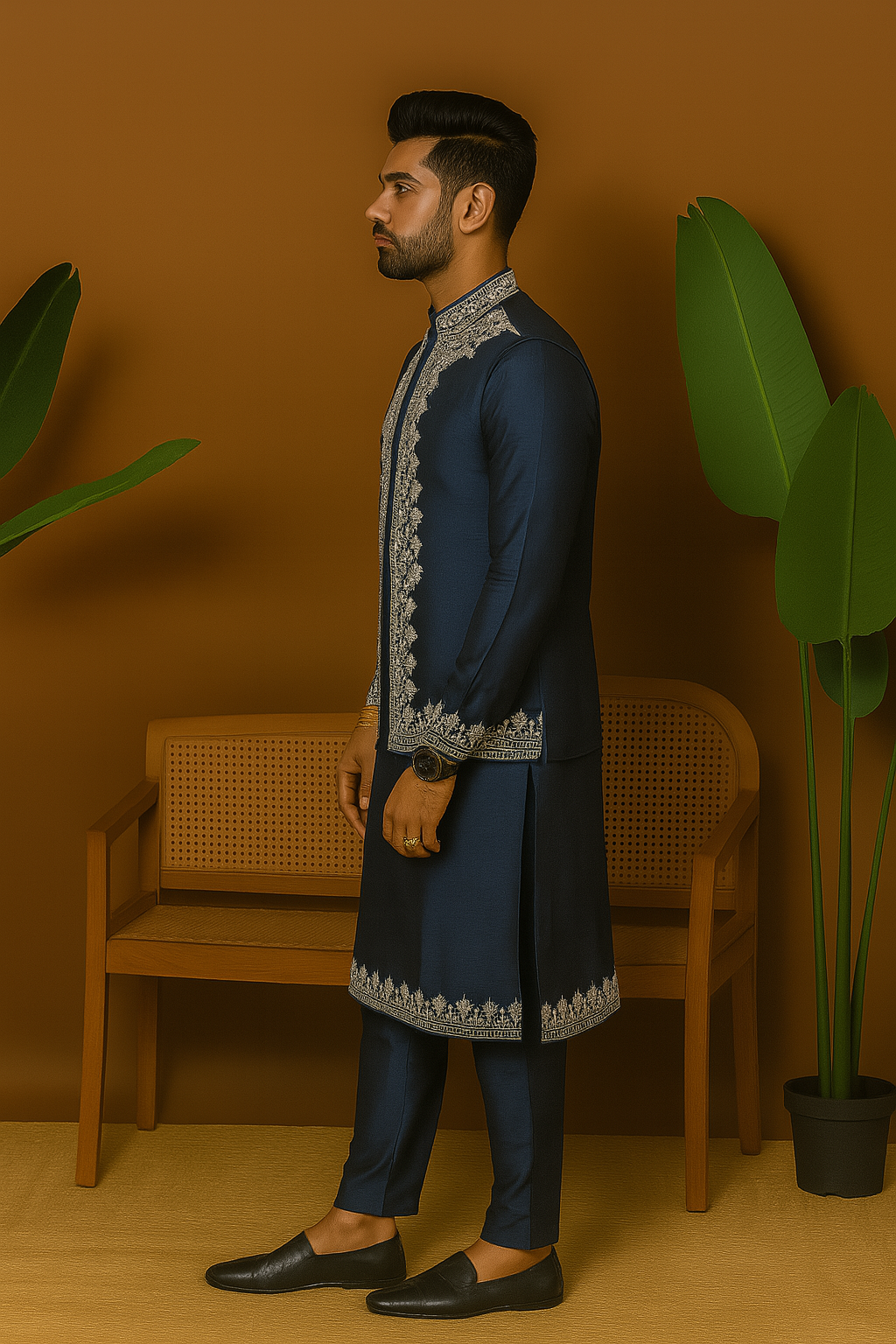 A side view of the man in the kurta set, highlighting the details of the waistcoat's design.


