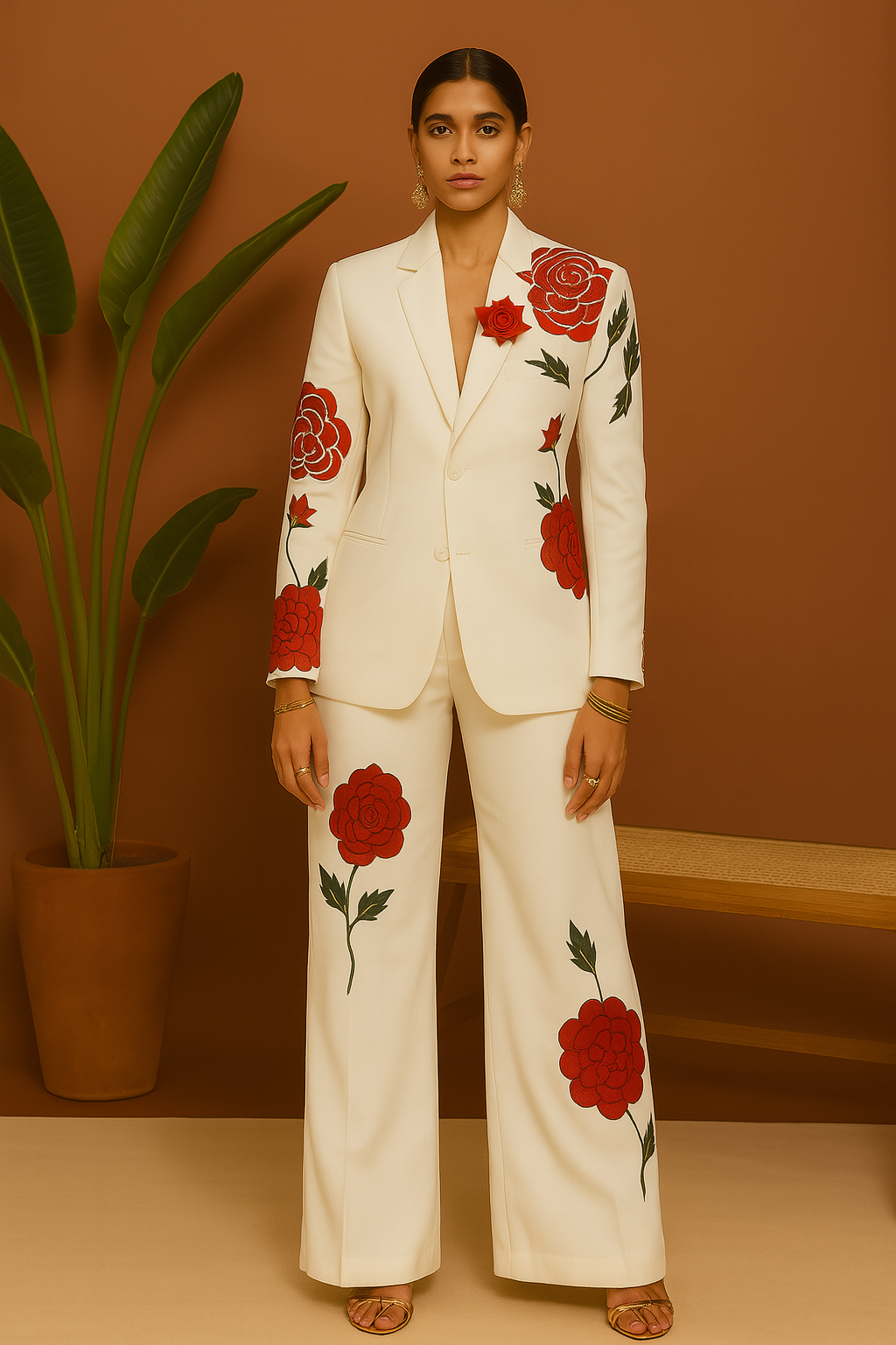 Women Special Red Rose Embellished Stylish Tuxedo Suit