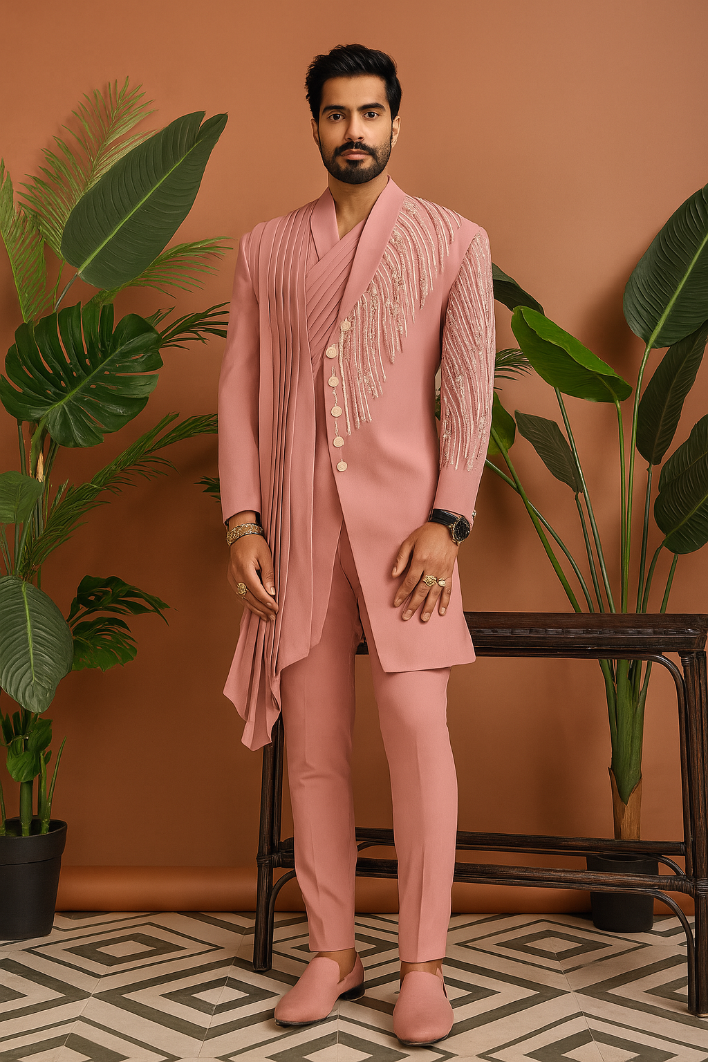 Peach drape-style Indo-Western set with handcrafted detailing – KPH Outfits