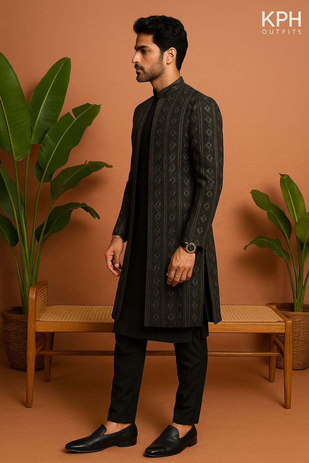 Men's Dyeable Black Lakhnavi Open Jodhpuri Set – Luxury Wedding Wear by KPH Outfits
