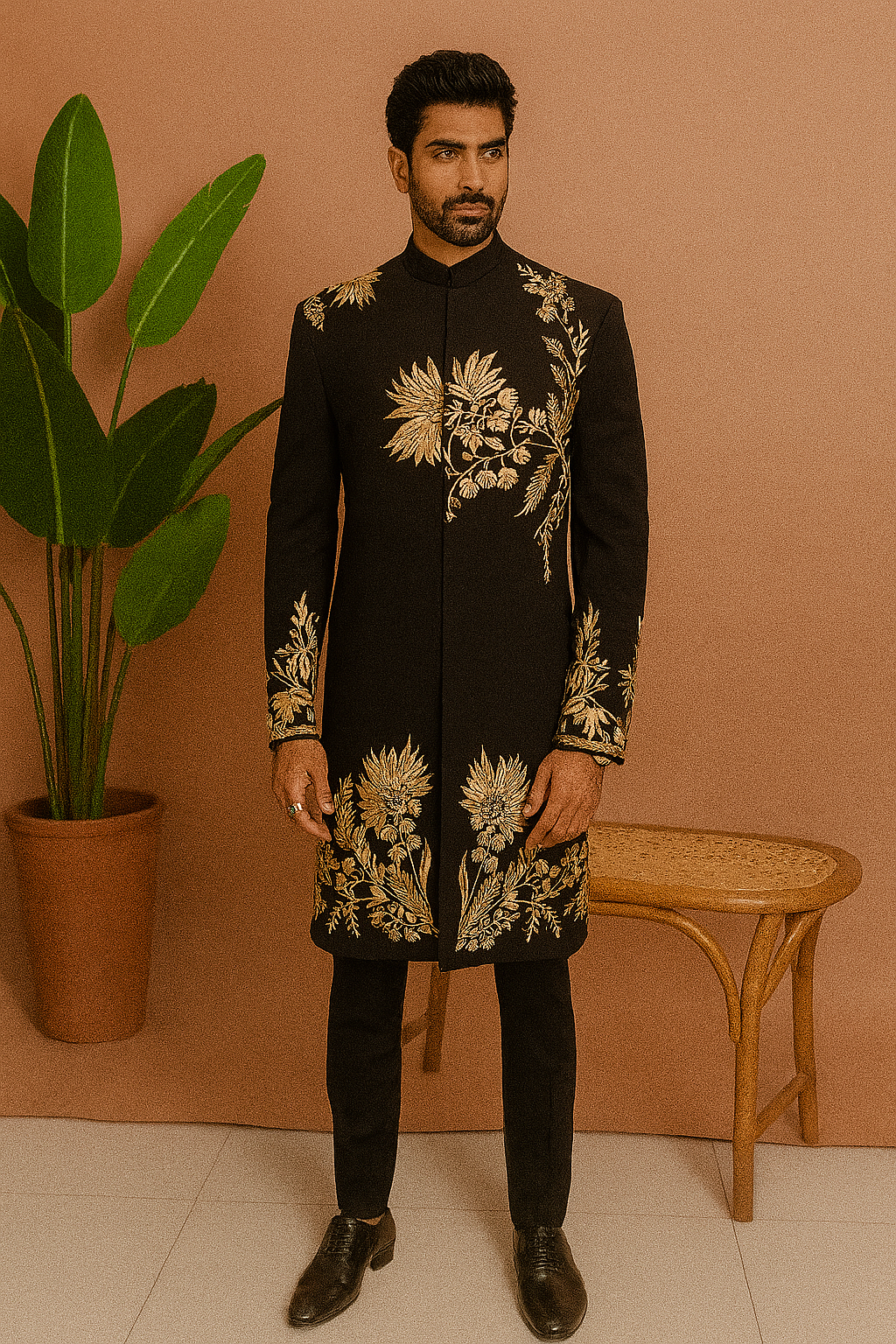 A man in a black Indo-Western kurta with intricate golden embroidery