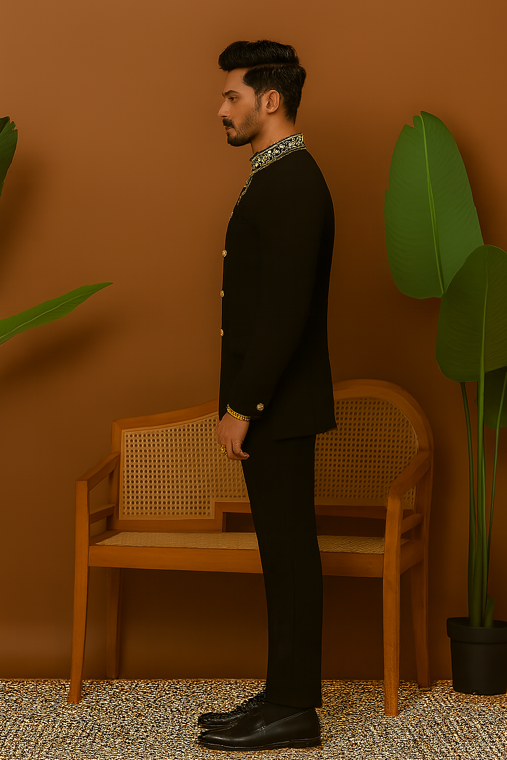 A close-up of the jacket's intricate gold cutdana embellishments.

