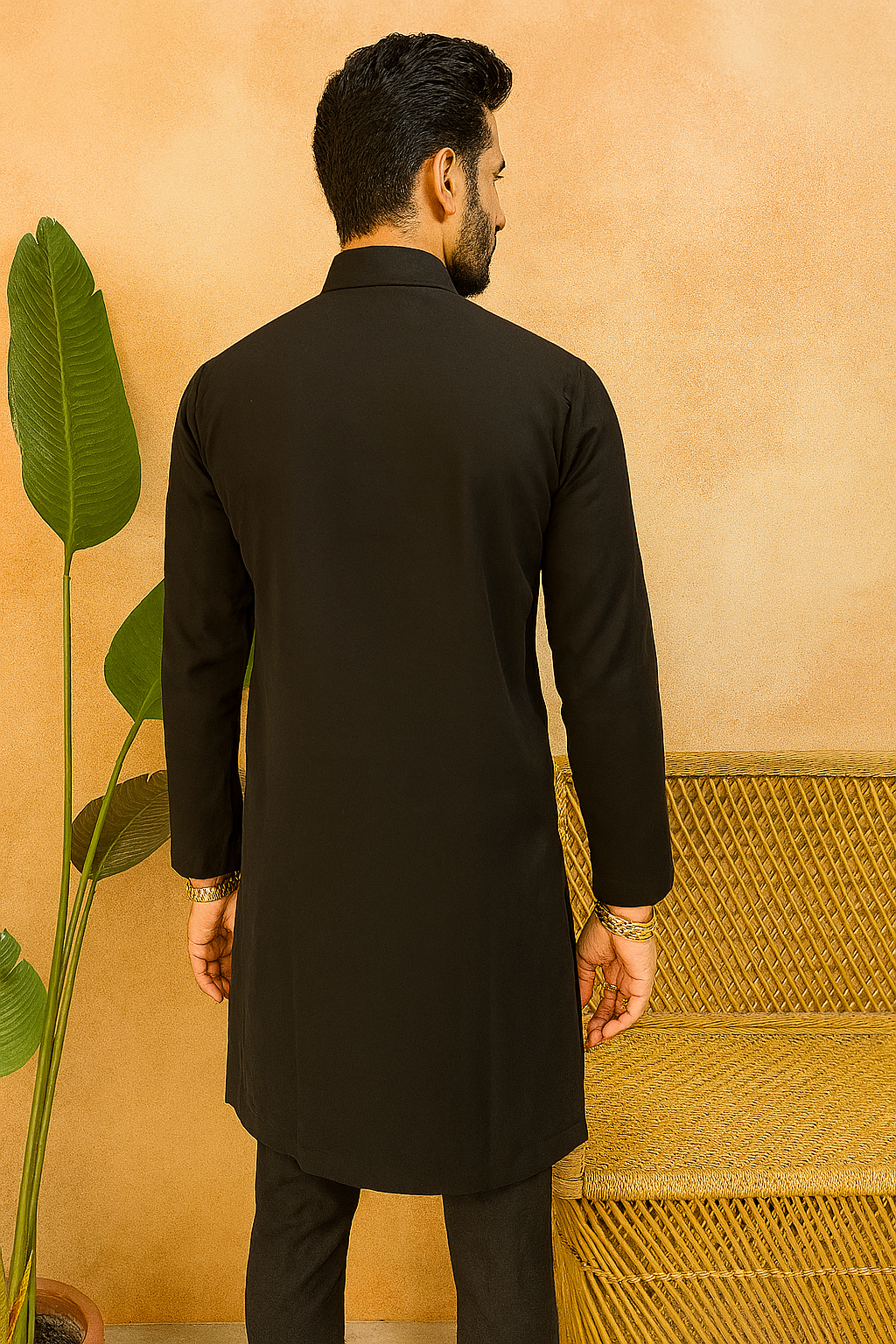 A photograph of a man in a stylish kurta, emphasizing the quality of the Japanese fabric and the unique design.

