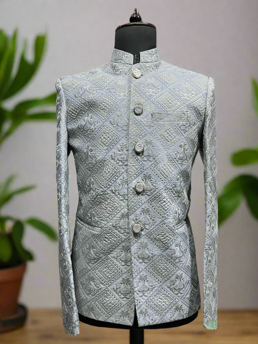 Stylish Men’s Gray Silk Wedding Outfit with Custom Fit