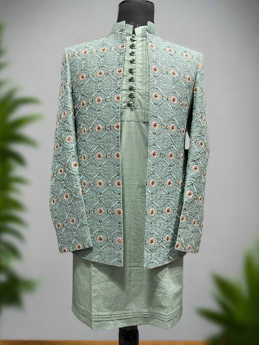 Center-open button blazer with zipper-style pant, showcasing premium silk fabric.
