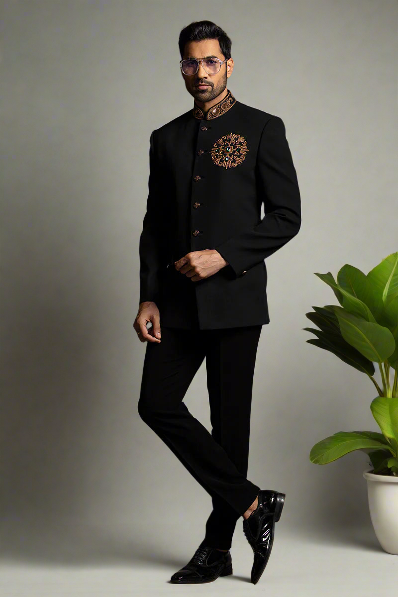 Classic black Jodhpuri suit with regal appeal