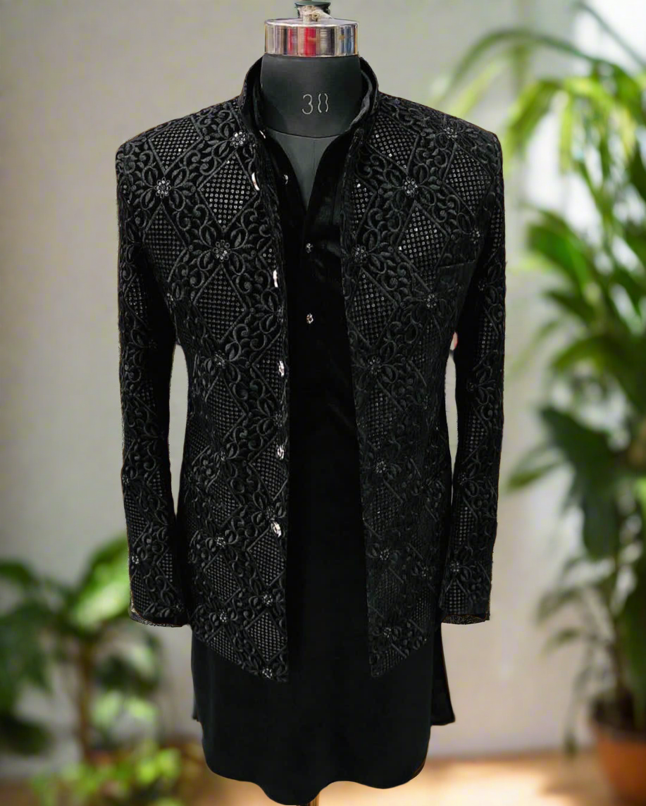 Classic black velvet Jodhpuri attire for weddings