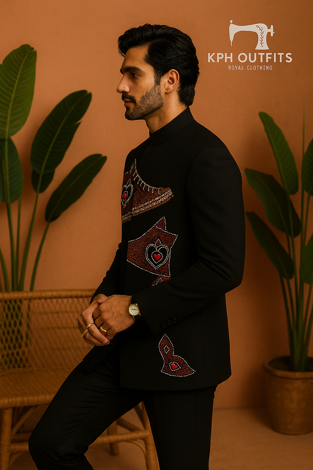 Close-up embroidery detailing on designer men’s bandhgala suit