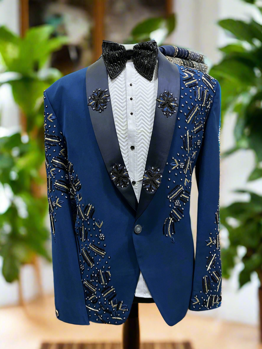 Close-up of Handcrafted Cut Work Detailing on Royal Blue Tuxedo Suit