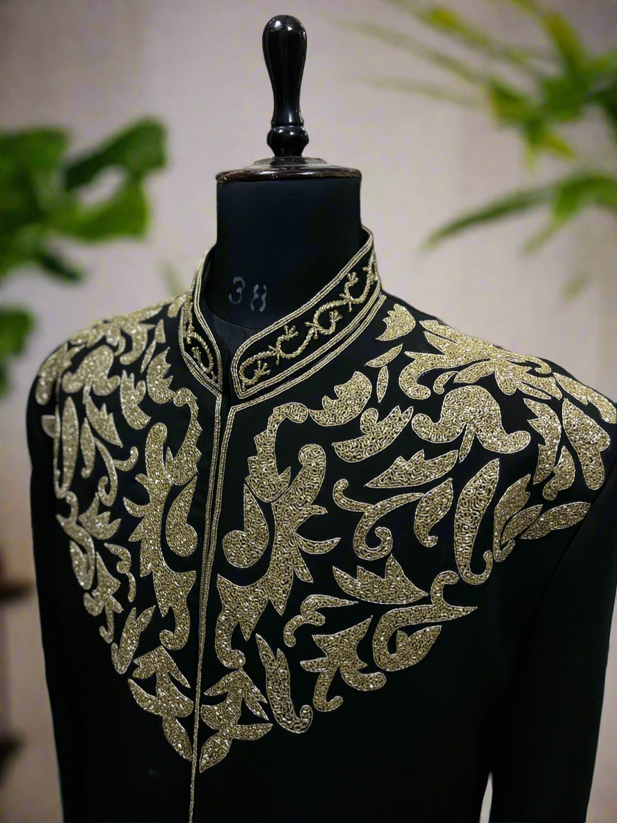 Close-up of Intricate Cut Work on Black Men's Sherwani