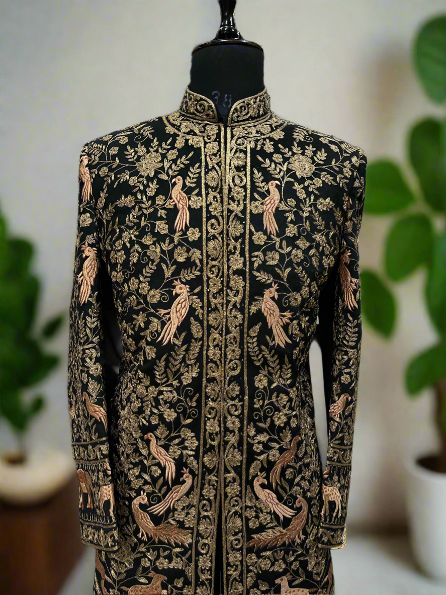 Close-up of Intricate Embroidery on Black Men's Sherwani