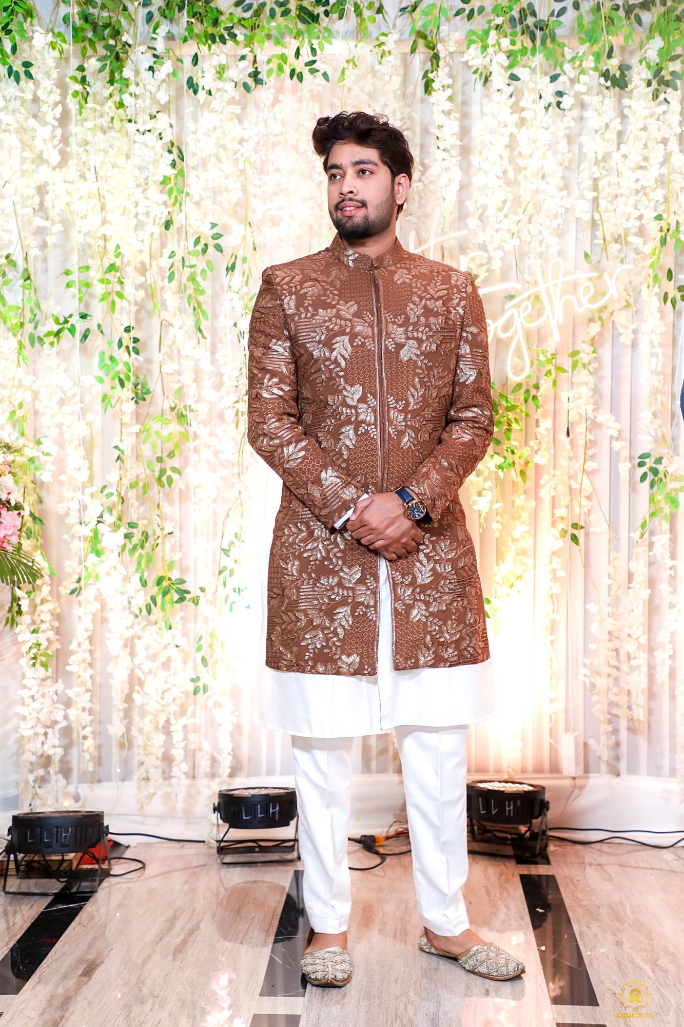 Close-up of Men's Brown Sherwani embroidery design.
