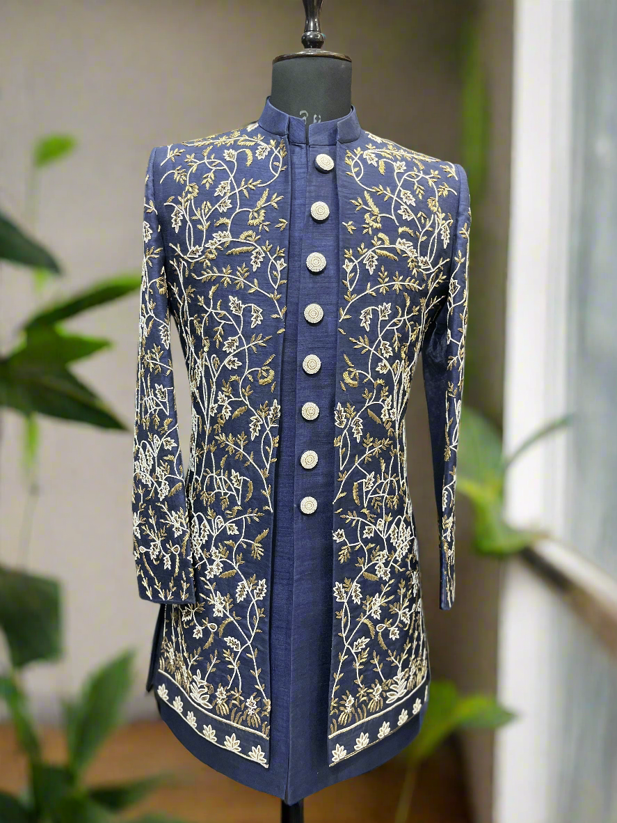 Close-up of Men's Navy Blue Handcrafted Sangeet Special Indo-Western Jacket.
