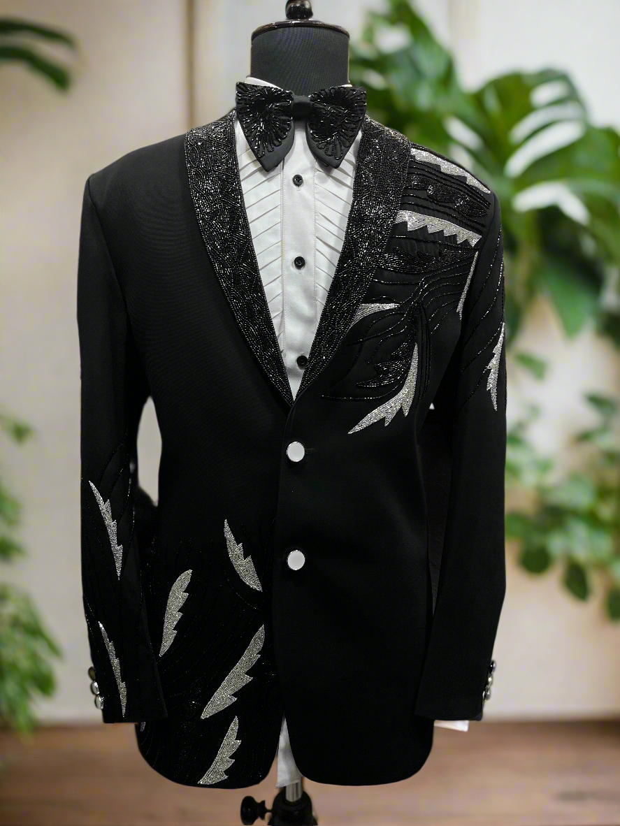 Close-up of Rose Handcrafted Lapel on Black Velvet Tuxedo Suit