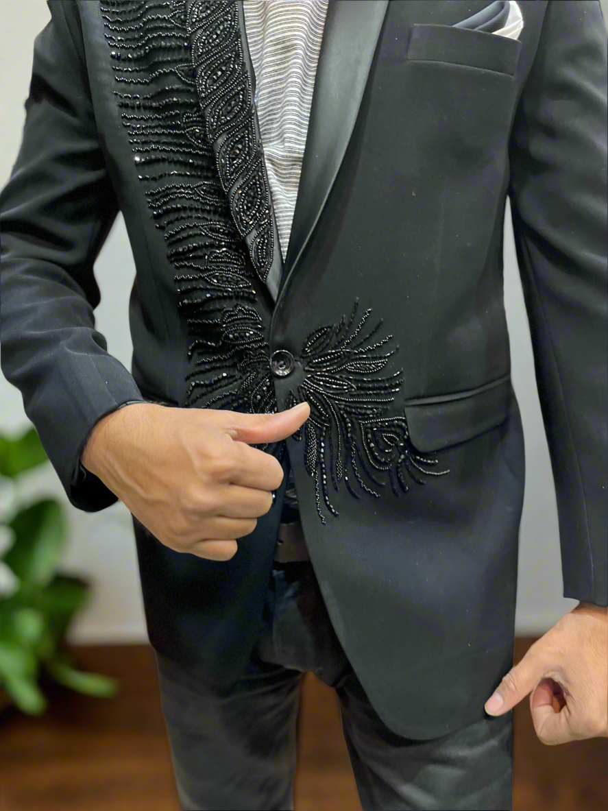 Close-up of Shawl Lapel with Handcrafted Cut Dana Work on Men's Tuxedo