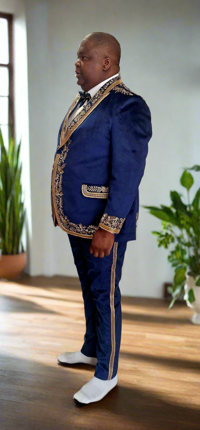 Close-up of Zardozi Embroidery on Men's Velvet Tuxedo Suit