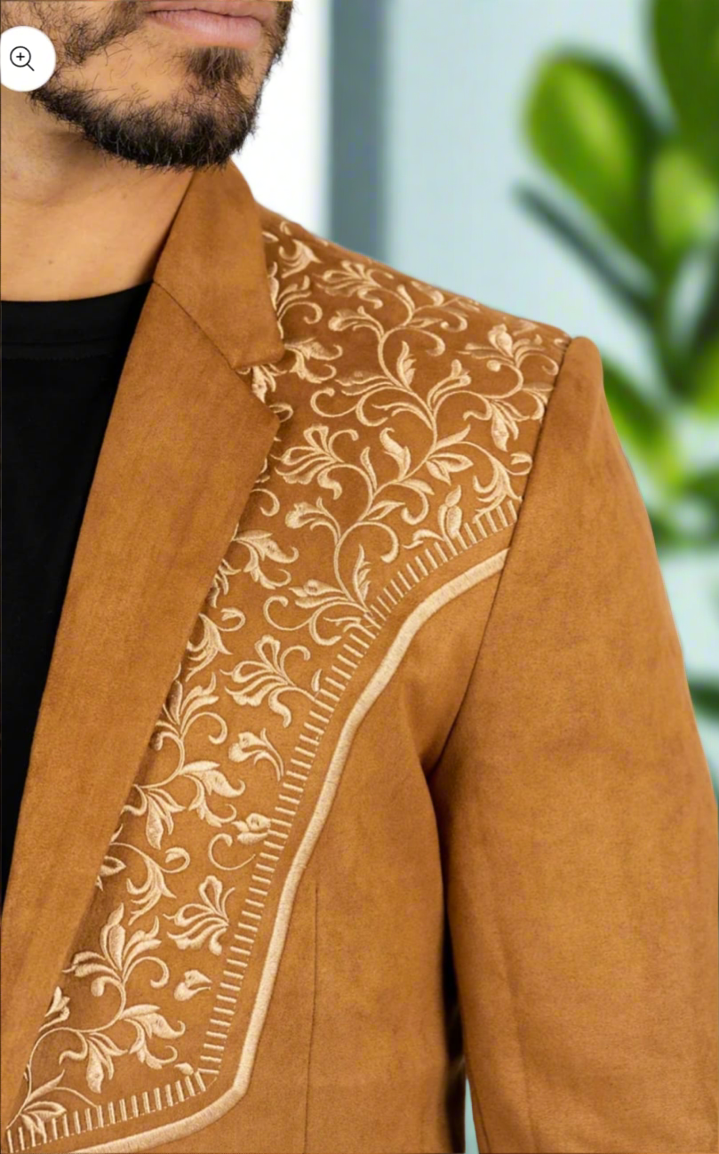 Close-up of camel thread embroidery details.
