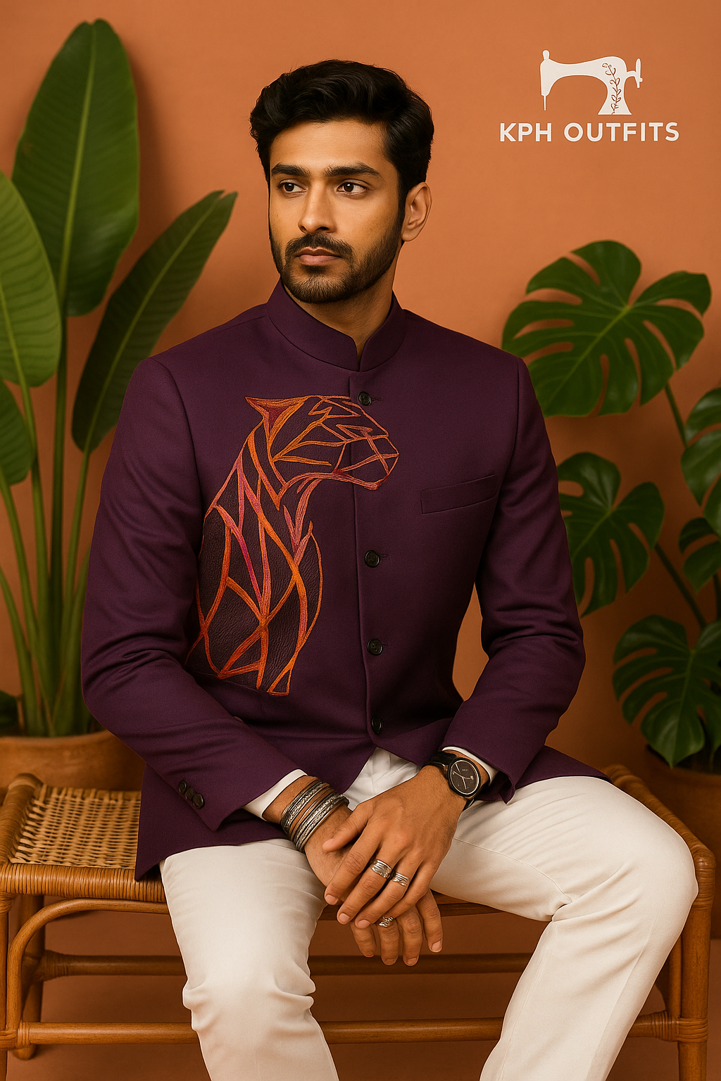 Close-up of detailed embroidery on men’s bandhgala suit