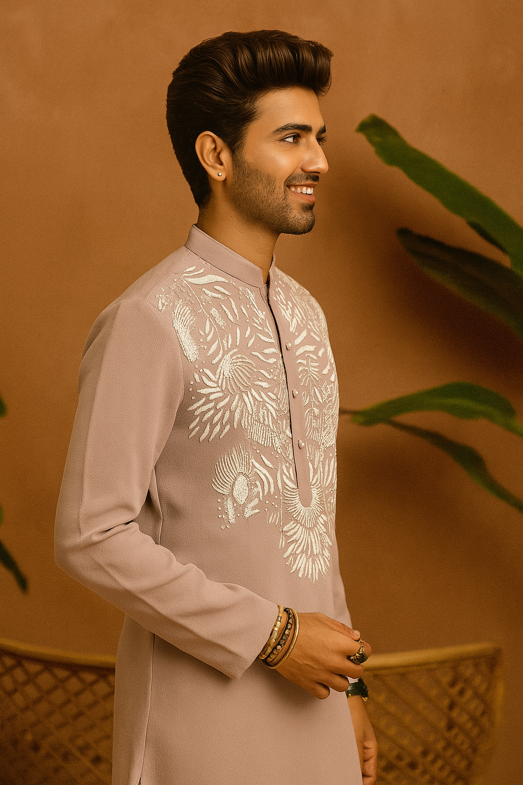 Close-up of embroidered neck design on Peach Handcrafted Kurta