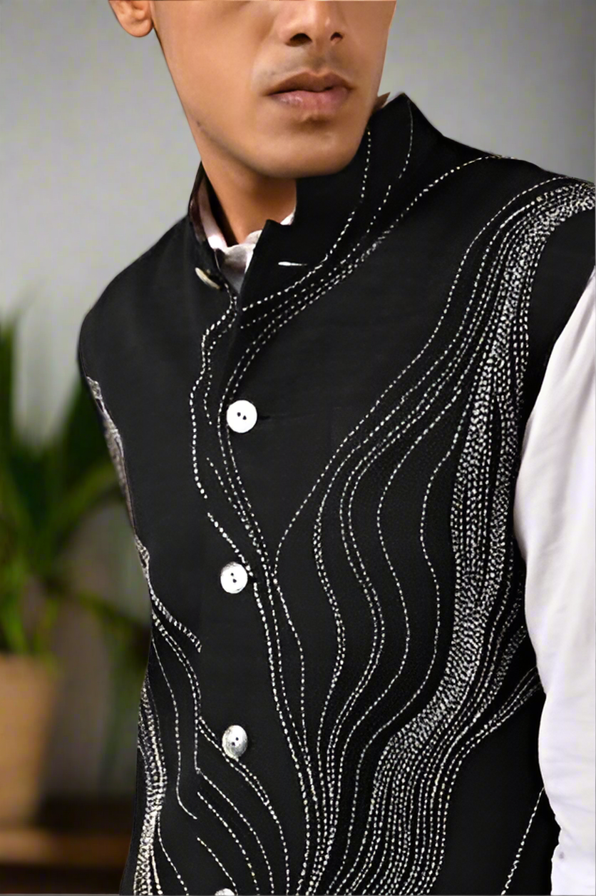 Close-up of five-button Nehru jacket design
