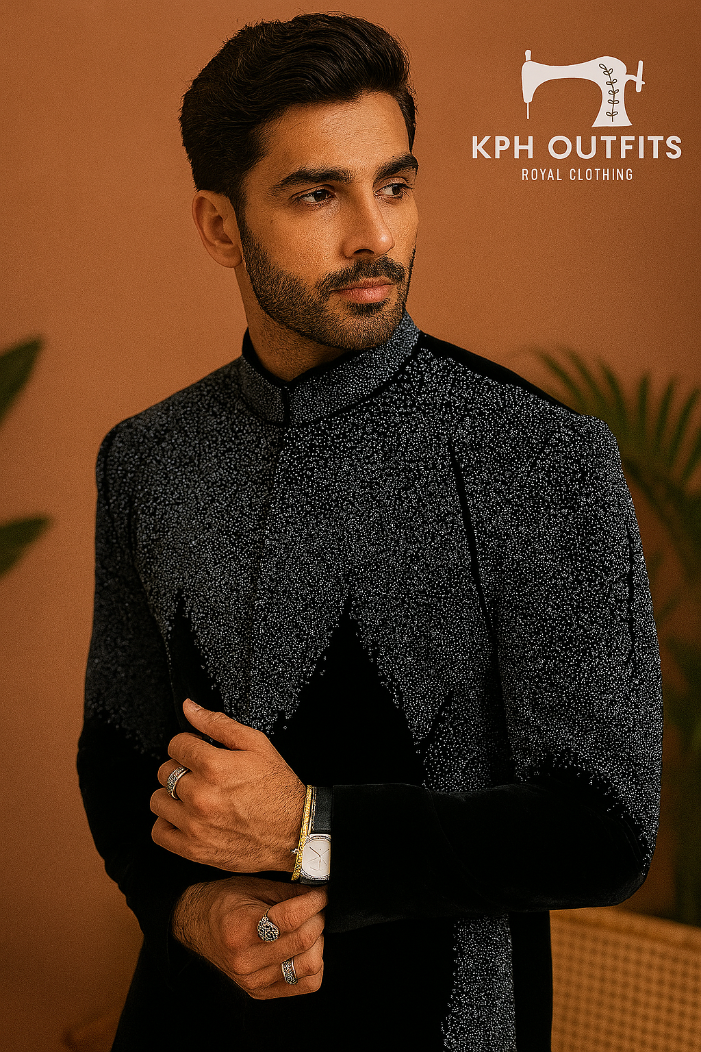 Close-up of handcrafted beadwork on velvet sherwani