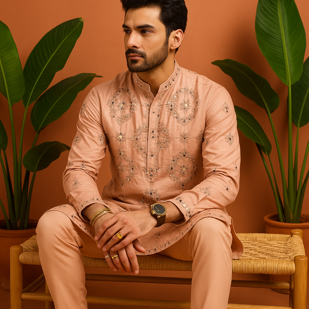 Close-up of real mirror embroidery on peach kurta