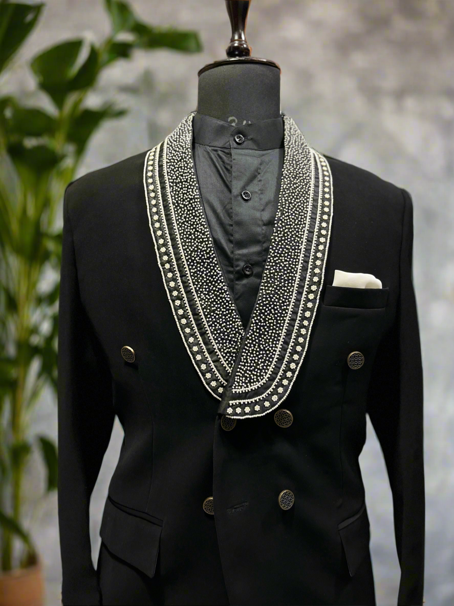 Close-up of the 6-button design on tuxedo blazer
