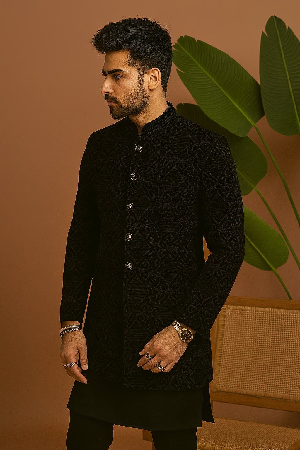 “Close up of button detailing on Men’s Black Velvet Designer Indo-Western Set – premium velvet fabric”