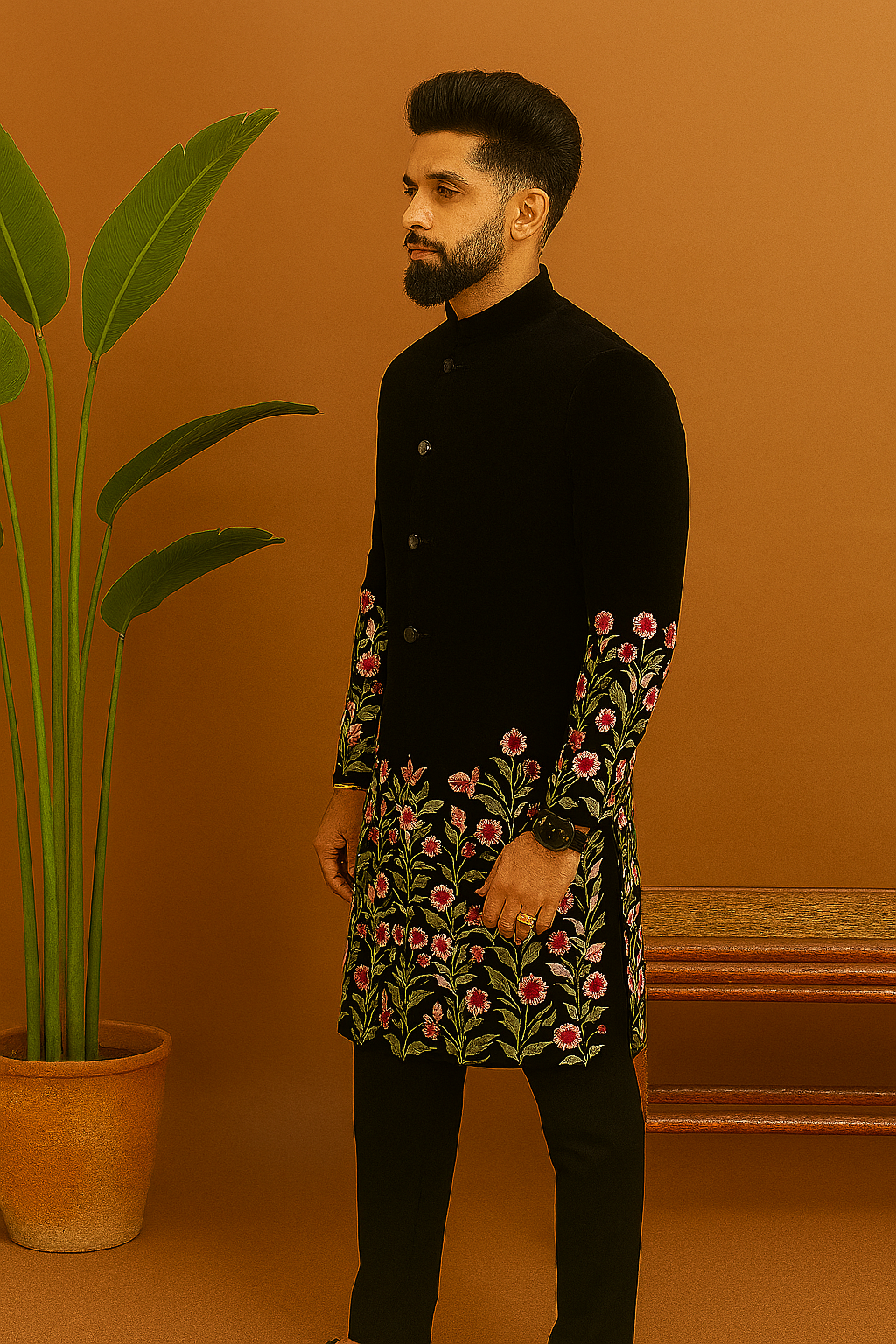 “Close up of floral embellishments on Men’s Exclusive Multi-Colour Indo-Western Set – premium Japanese fabric”