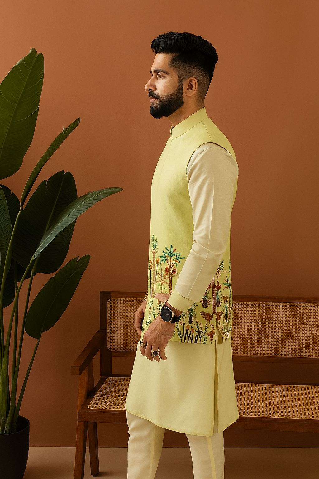 “Close view of Men’s Exclusive Designer Bundi Set – premium silk kurta pant and Bundi design”