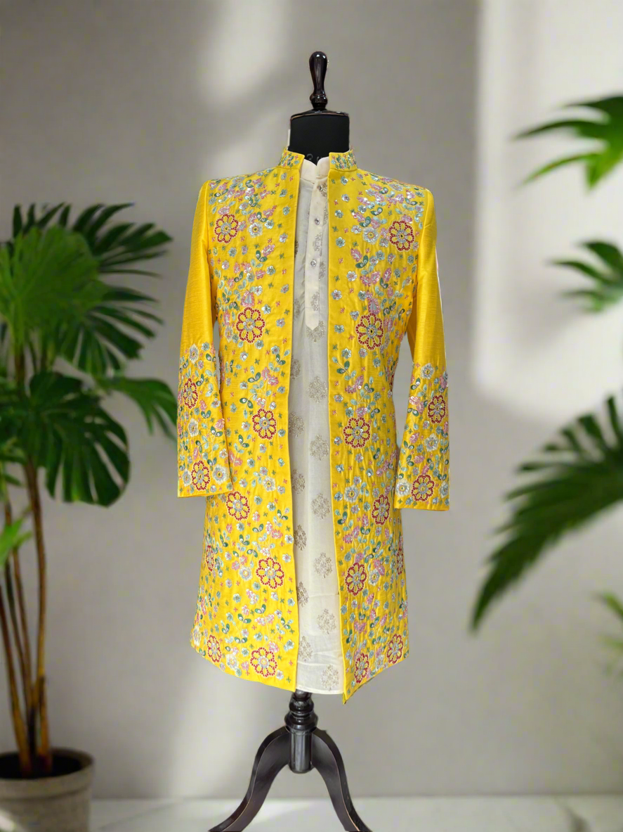 Custom-tailored silk Indo-Western set for weddings.