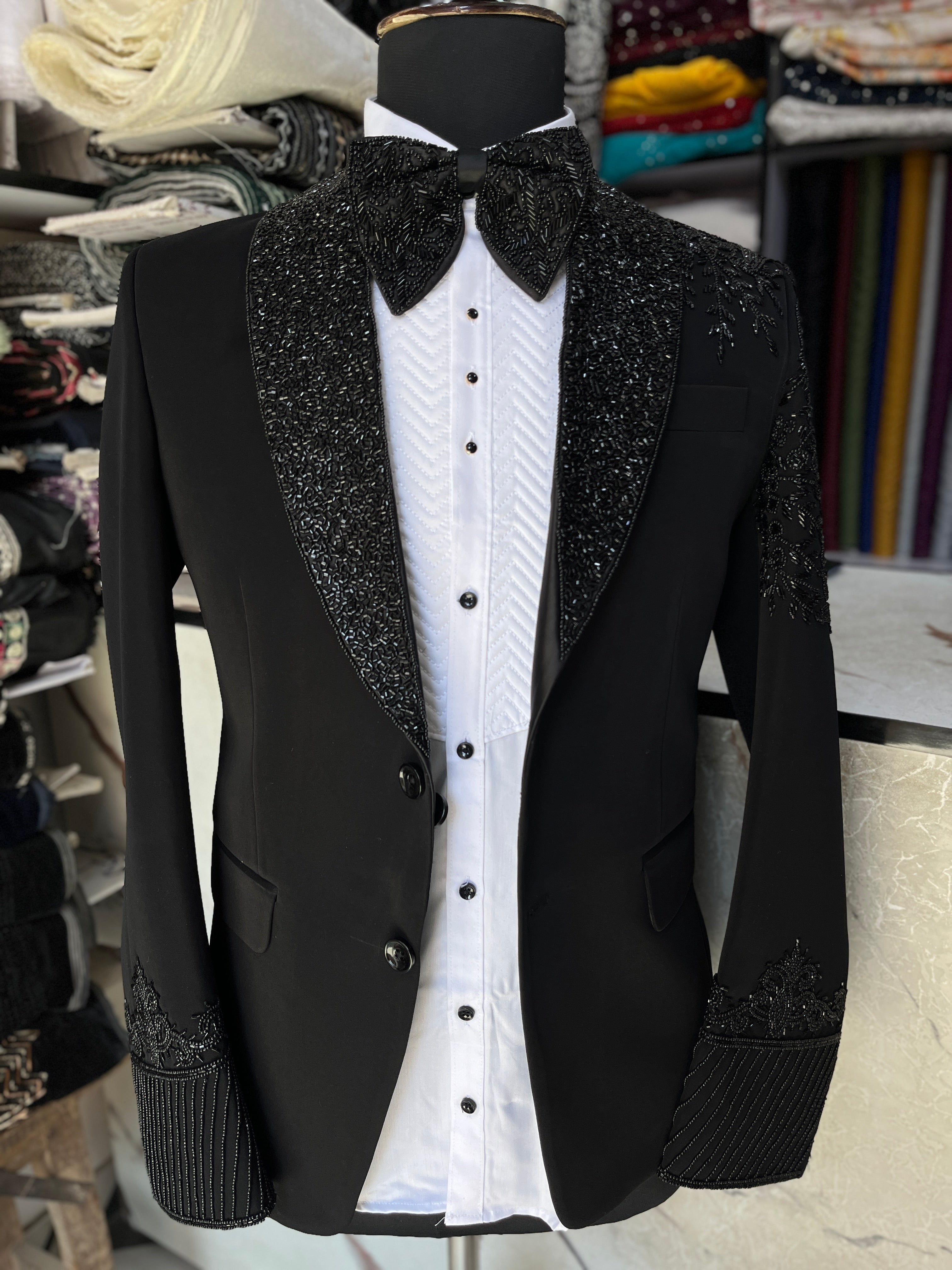 Men's Black Handcrafted Cut Work Tuxedo Suit