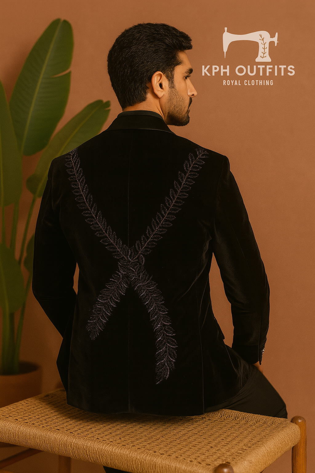 A photograph of a man in a stylish tuxedo, emphasizing the quality of the velvet fabric and the overall craftsmanship.

