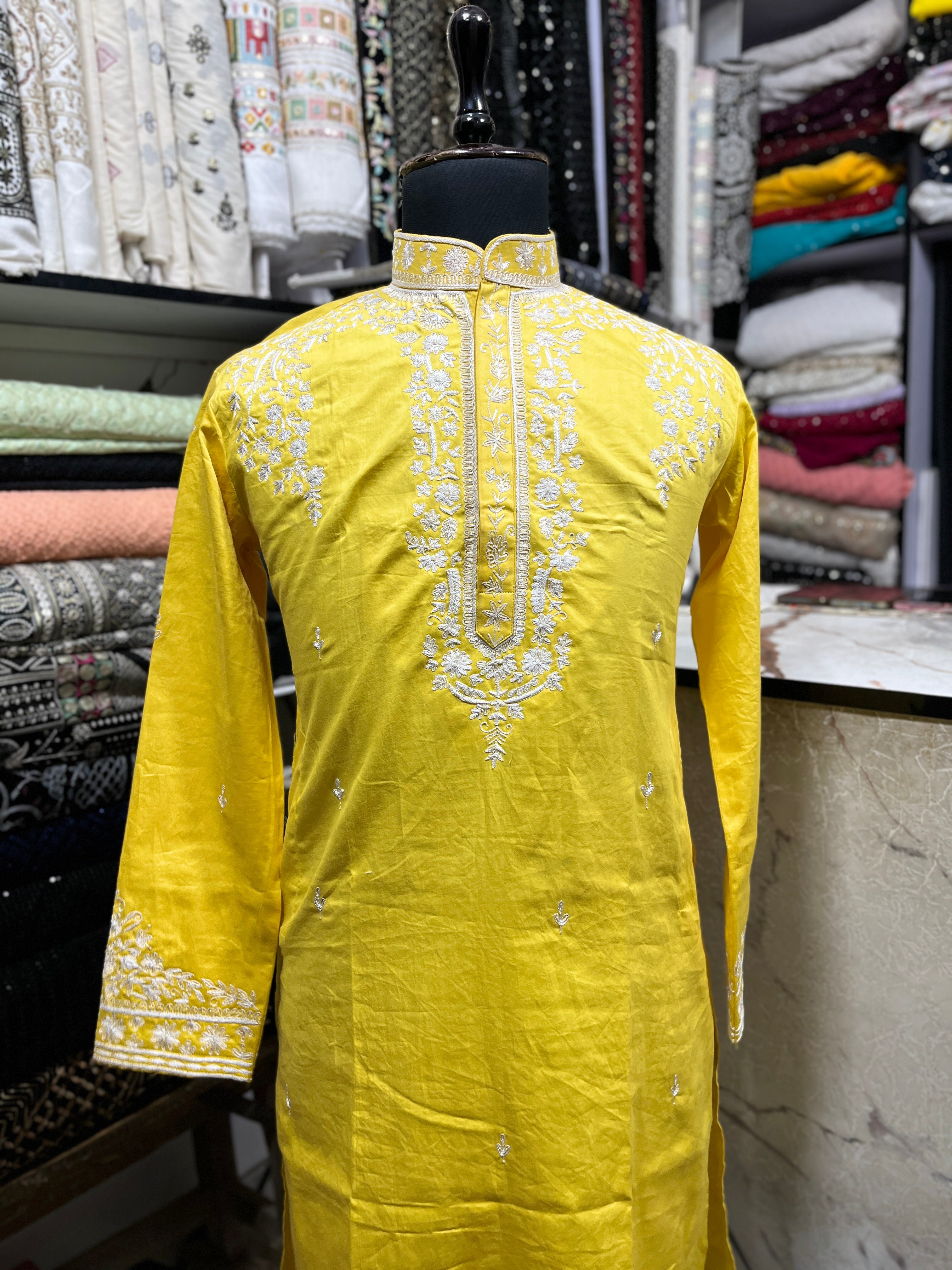 Men's Haldi Thread Embroidery Yellow Kurta Set