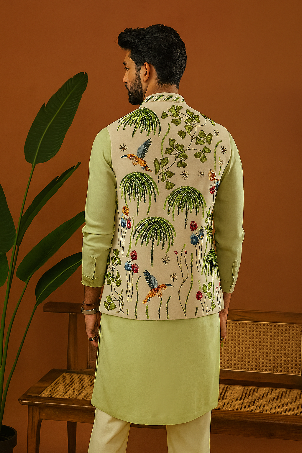 “Back view of Men’s Exclusive Designer Stylish Waistcoat Set showcasing embroidered waistcoat detail”
