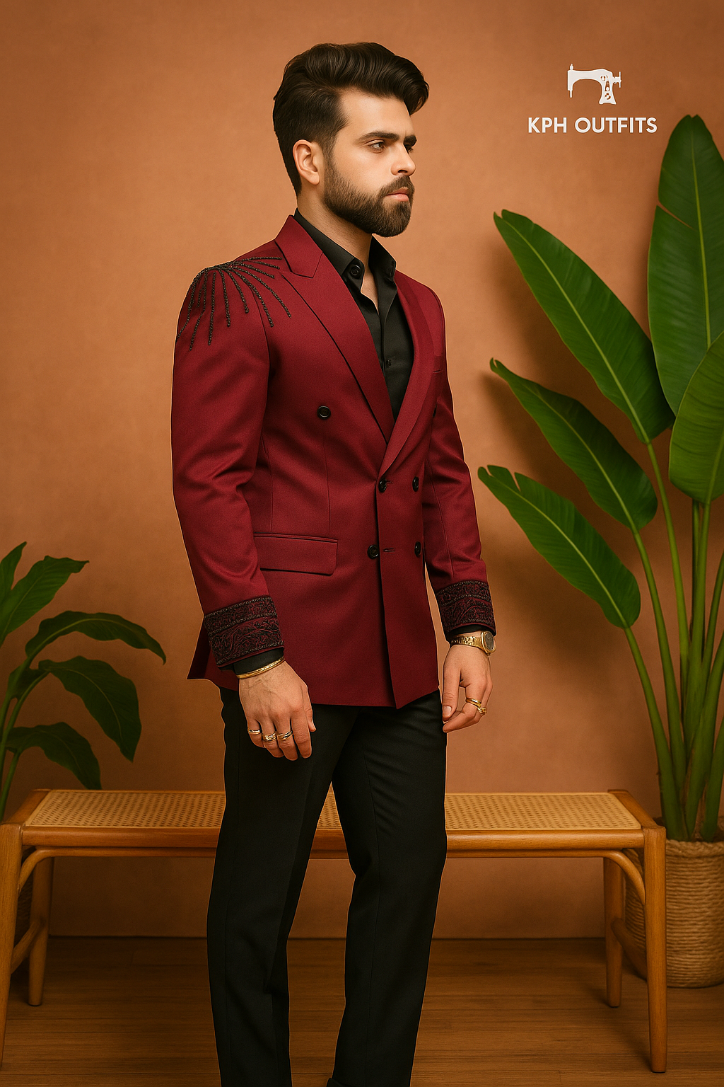 Maroon Handcrafted Double-Breast Tuxedo Suit for Men - KPH Outfits