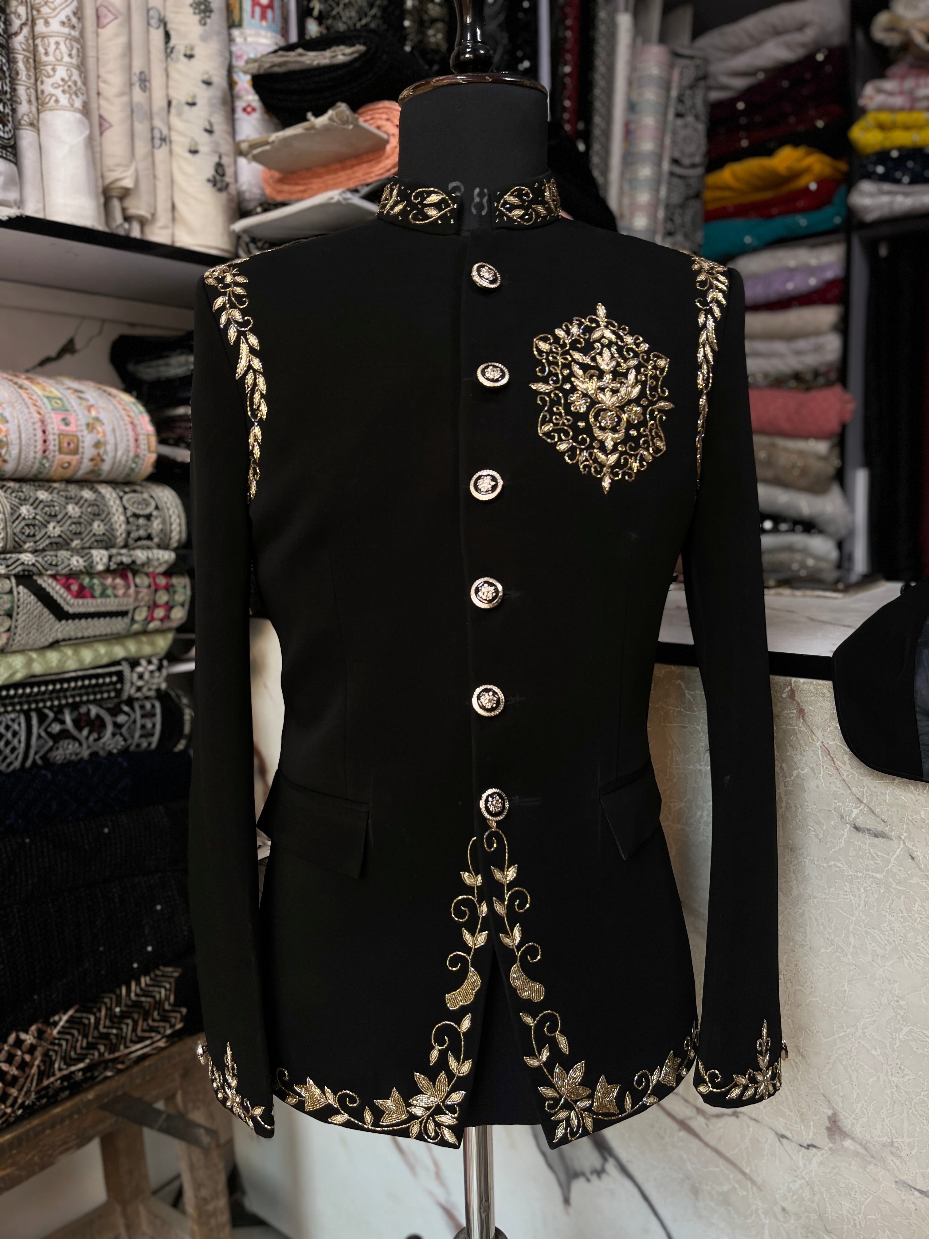 Men's Black Handcrafted Cut Work Bandhgala Suit