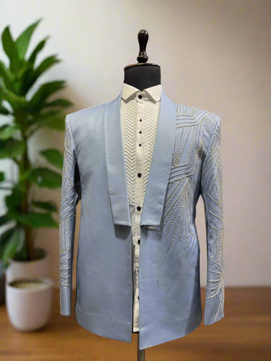 Groom Special Sky Blue White Crystal Handcrafted Tuxedo Suit By Kphoutfits