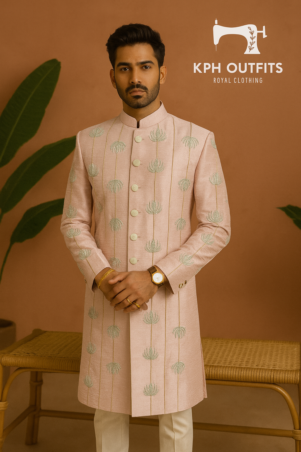 Men's Peach Handcrafted Cut Work Embellished Sherwani Set – Elegant Traditional Wear by KPH Outfits