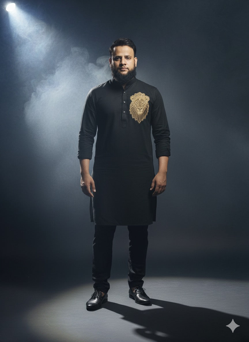 Black Embroidered Kurta Set with Golden Lion Motif - kph Outfits