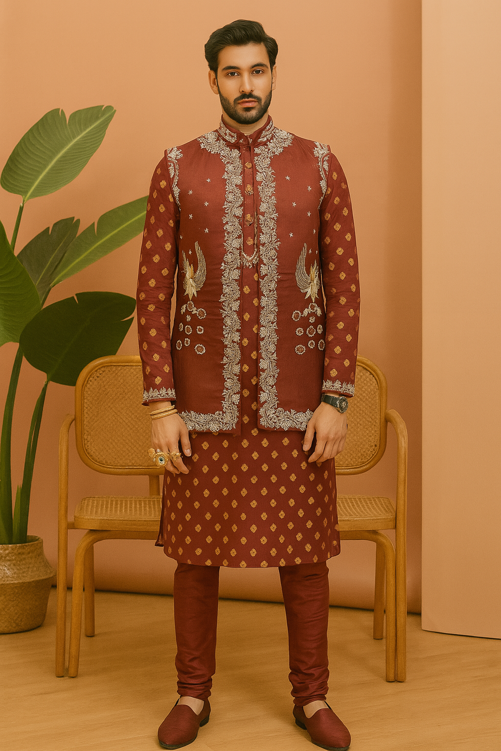 A man wearing a maroon handcrafted silk kurta and pant set with a detailed, embroidered waistcoat, styled for a wedding.