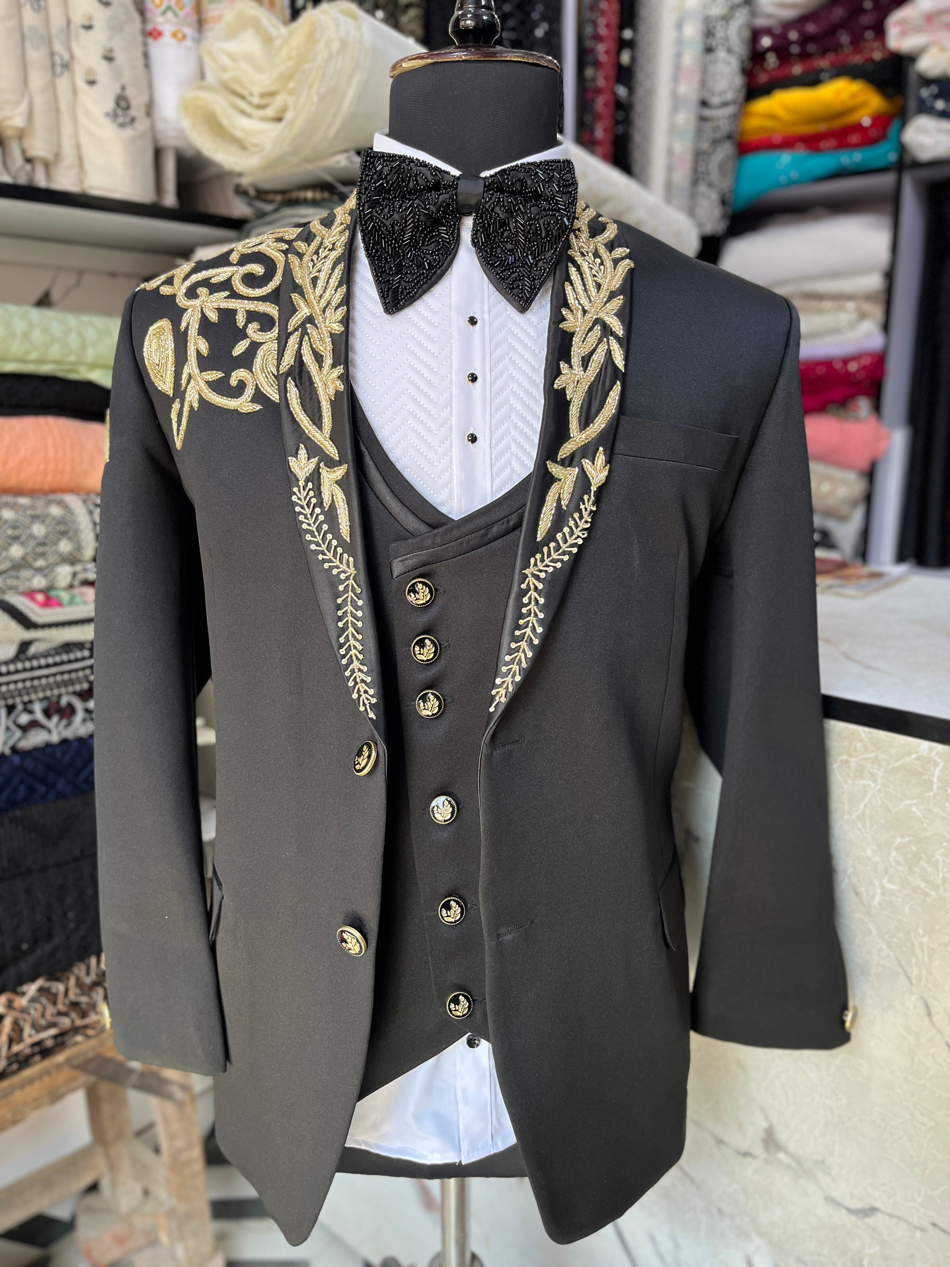 Men's Black Handcrafted Zardozi Work Tuxedo Suit