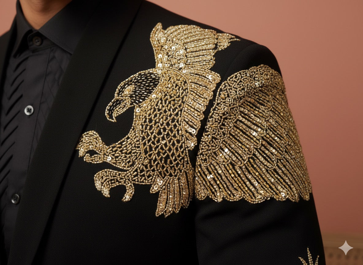 Designer velvet tuxedo with ornate shoulder embellishment for formal events