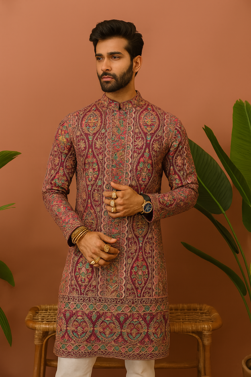 A photograph of a man in an embellished kurta set, highlighting the quality of the fabric and the unique design.

