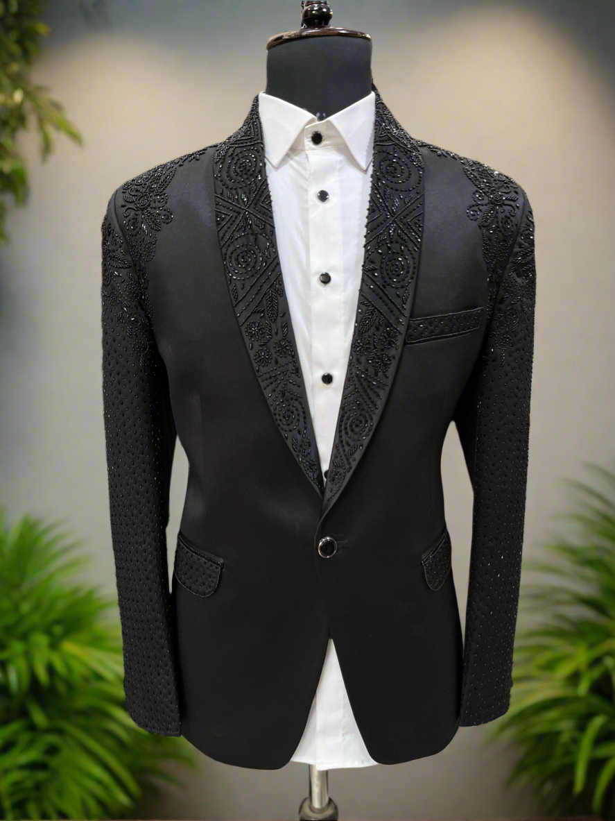 Men's Handcrafted Black Shawl Lapel Tuxedo in Donear Fabric - KPH OutFits