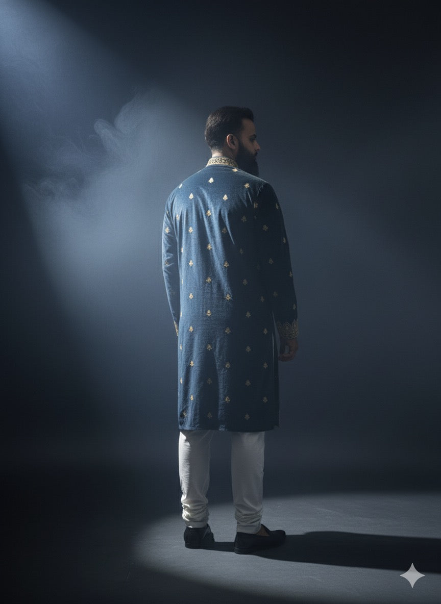 Turkish Blue Velvet Kurta with Gold Thread Embroidery - Kph Outfits