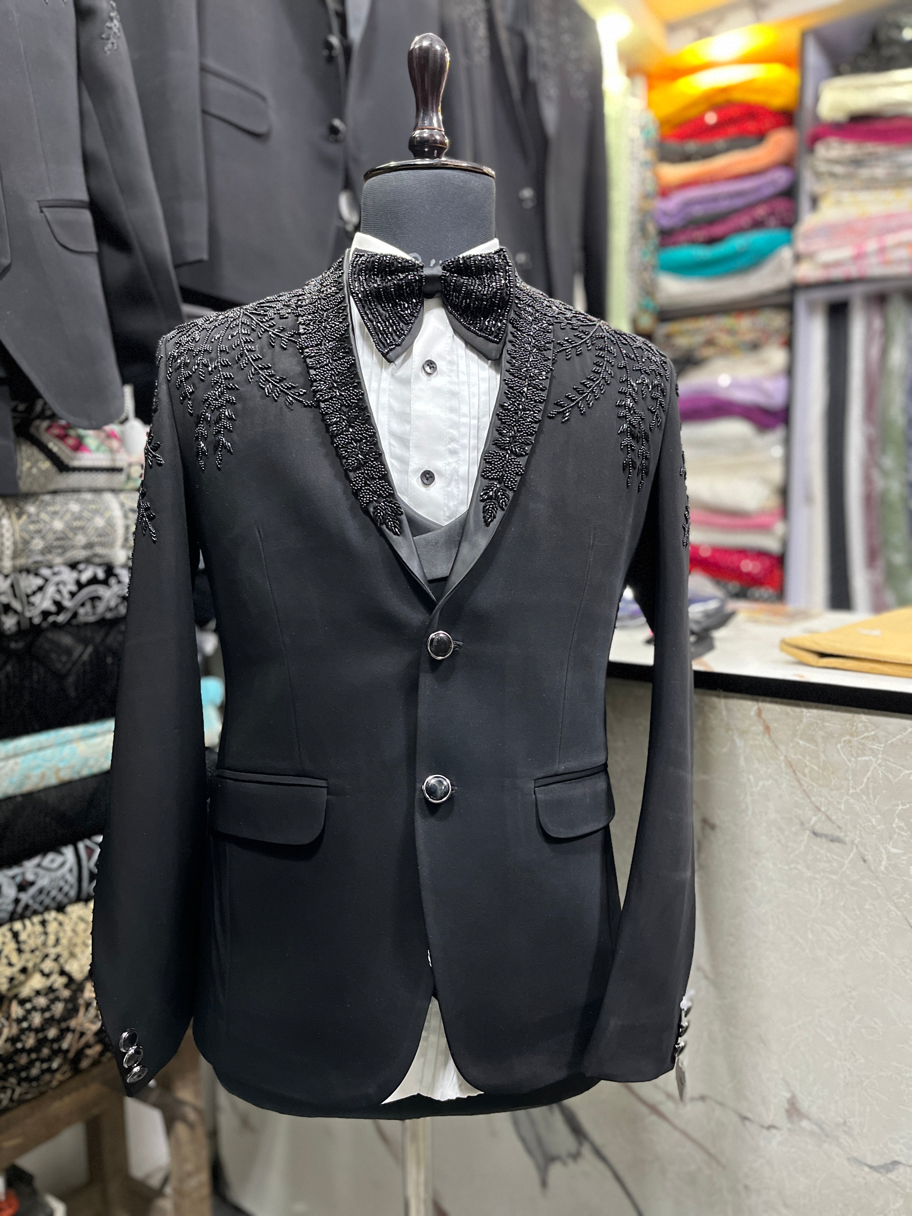 Men Black Handcrafted Cut dana Work  Shawl Lapel Tuxedo Suit