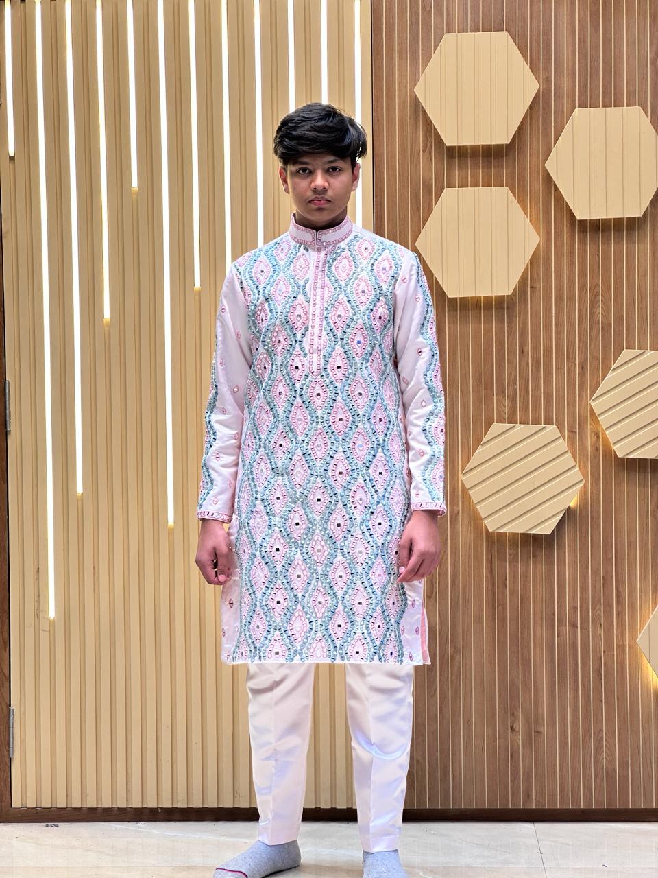 Men's Pink Real Mirror Crafted Kurta Set